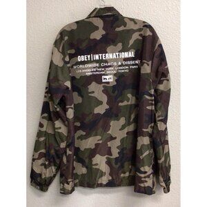 Obey Jacket Mens Large Green Camo Snap Front Nylon Core Coaches Windbreaker